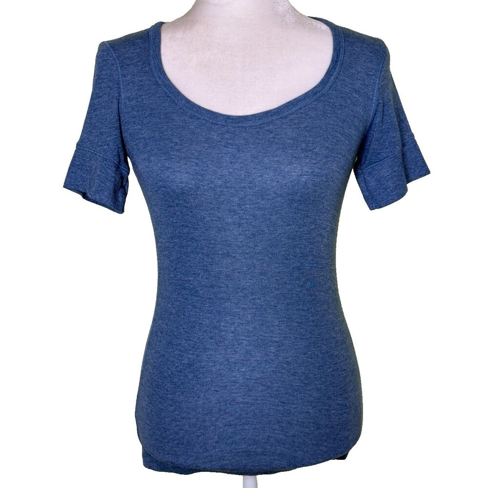 Women Blue Scoop Neck Short Sleeve Knit Top Fitted Basic Tee Minimalist Size Med